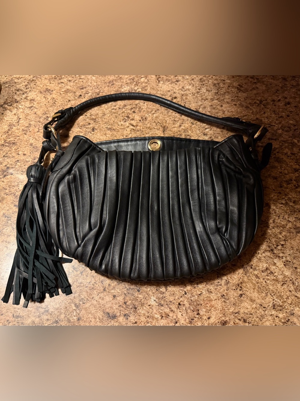 Paolo Masi Black Pleated Leather Shoulder Hobo with Tassel